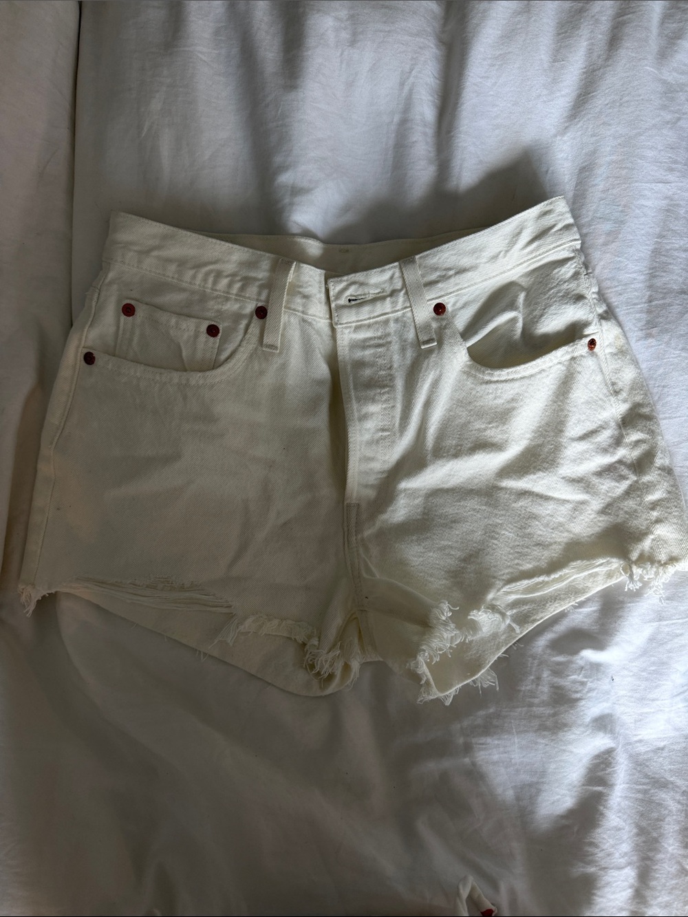 High-Rise Cream Distressed Denim Shorts